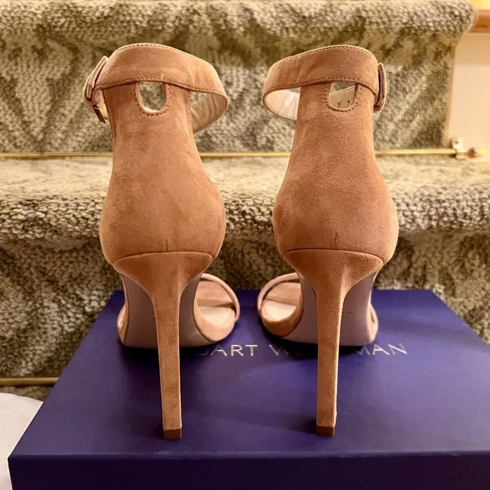 NWB Stuart Weitzman 100 Square Nudist Nude Suede Heels Sandals Shoes 8.5 M